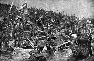 在河中，騎兵及步兵以劍及長柄武器互相攻擊對方。在右方的人嘗試逃離戰鬥，但被左方衝鋒過來的人追殺。