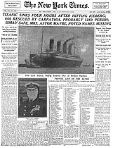 1912年4月16日 《紐約時報》頭版，關於鐵達尼號沉沒事故經過、搭乘人數、死傷統計、部分生還者名單等報導。