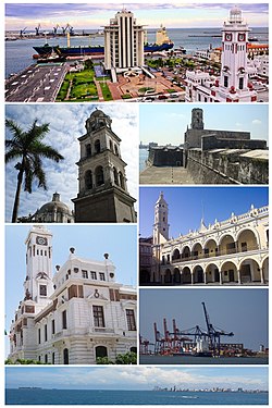 從上至下、由左至右：韦拉克鲁斯港、韦拉克鲁斯主教座堂、聖胡安古堡、卡蘭薩燈塔、市政廳、韦拉克鲁斯碼頭、韦拉克鲁斯海景
