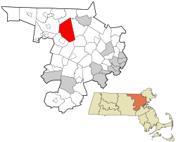韦斯特福德在米德尔塞克斯县及马萨诸塞州的位置（以红色标示）