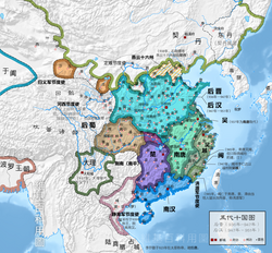 南唐的位置（淺綠色） 中國（淺灰色）  —  [圖例放大]