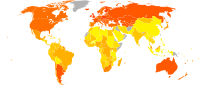 （左图）有不同颜色的世界地图，上面的颜色表示1961年各国人民的食物热量摄取量，其中北美、欧洲及澳洲的摄取量较高，而非洲及亚洲的较低