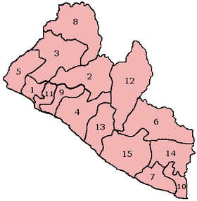 可点击的利比里亚地图，展示其15个县。