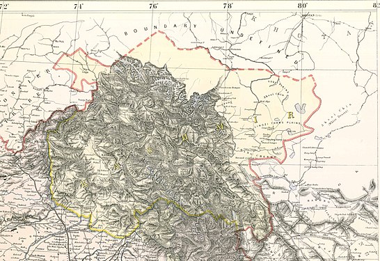 克什米尔边界在1888 年印度勘探局（英语：Survay of India）绘制的印度地图中，虚线所示的未定义边界，从马鲁毕庭峰、叶尔羌河、麻扎村(Mazar)、阿克塔(Aktagh)到喀拉昆仑山(Karakunlun Shan)