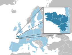 布列塔尼（深藍色區域）在歐盟（淺藍色区域，2019年）中的位置
