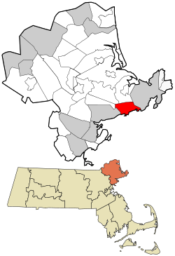 海邊的曼徹斯特在艾塞克斯縣及麻薩諸塞州的位置（以紅色標示）