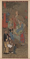 《五百羅漢圖軸：應身觀音》- 周季常, 宋代 (1178年)。畫作石膏的是羅漢現身為十一面觀音，眾人前來膜拜的景象。