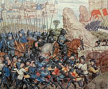A painting of late Medieval knights advancing to battle