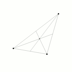 初始位置在斜三角形的三个顶点，且初始速度均为零的三个相同物体的近似轨迹。按照动量守恒定律，质心仍然存在。