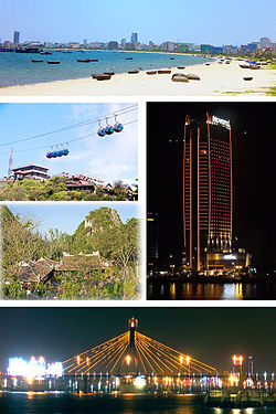從上往下顺时针：美溪海灘、峴港諾富特酒店、瀚江大橋、五行山、巴拿山纜車