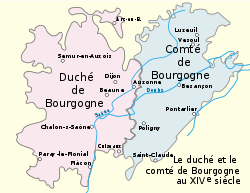 13世纪的孛艮地伯国（淡蓝色）与孛艮地公国（粉红色），两国的边境大致以索恩河为界。