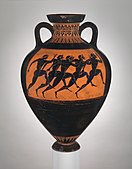 陶瓶畫師歐菲列特斯的泛雅典娜節獎品雙耳瓶（英語：Euphiletos Painter Panathenaic prize amphora）（Euphiletos Painter Panathenaic prize amphora）；西元前530年；彩陶；高：62.2公分；紐約大都會藝術博物館