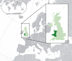 威爾斯的位置（深綠色） – 歐洲（綠色及深灰色） – 英國（綠色）