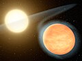 富含碳的高溫系外行星WASP-12b及其母恆星（該圖繪製時，WASP-12b的反照率等表面狀況不明）。