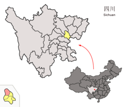 射洪市（紅色區域）在遂寧市（黃色區域）、四川省和中華人民共和國中的位置