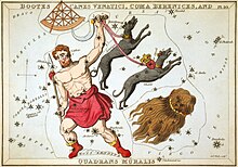 Highly artistic star chart imaging Boötes with his dogs (Canes Venatici, long flowing tresses of hair (Coma Berenices), and the Quadrant at the top