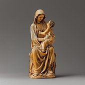 聖母與聖子升座；1260–1280年； 象牙上有油漆和鍍金的痕跡；尺寸：18.4 x 7.6 x 7.3公分； 大都會藝術博物館