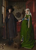 《阿诺菲尼的婚礼》，揚·范艾克；1434年；木板油畫； 82.2×60公分；國家美術館（倫敦）