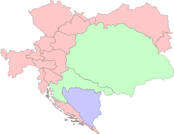 內萊塔尼亞（粉紅色）在奧匈帝國的位置, 而帝國中其他部份分別為外萊塔尼亞（綠色）和波斯尼亞及黑塞哥維那（藍色）
