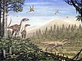 腔骨龙和蓓天翼龙在晚三叠世生活的复原图
