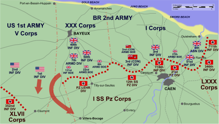 卡昂周边盟军从D日至6月12日为止的行动图