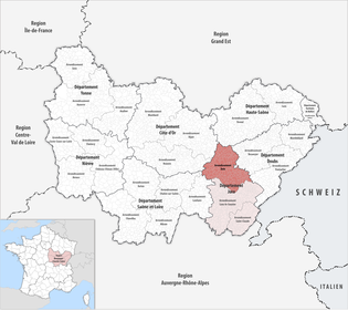多勒区在勃艮第-弗朗什-孔泰大区与汝拉省的位置