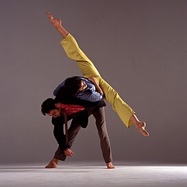 現代舞舞者在表演劈叉，靠另一名舞者來平衡
