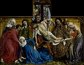 《降下十字架（英语：The Descent from the Cross (van der Weyden)）》，罗希尔·范德魏登； 1442年；橡木板油画；220 × 262 cm；普拉多博物馆