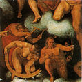 米开朗琪罗《最后的审判》的马塞洛·韦努斯蒂复制品，细节显示这个版本的圣加大肋纳在左侧底部，在她上方，圣伯拉削手持铁梳，头部位置有所不同，抬头看着耶稣