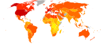 （右圖）有不同顏色的世界地圖，上面的顏色表示2001-2003年各國人民的食物熱量攝取量，其中北美、歐洲及澳洲的攝取量較1971年還高，亞洲的攝取量也較1971年要高，但非洲的攝取量仍較低