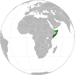 索馬里實際統治區域（深綠色） 索馬里聯邦聲稱但不被其控制的索馬里蘭（淺綠色）[1]