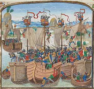 The naval battle of La Rochelle, Chronicle of Jean Froissart, 15th Century.