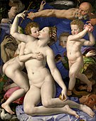 《維納斯，邱比特，愚魯與時間》（Venus, Cupid, Folly and Time）；布龍齊諾； 1540年代中期；木板油畫；1.46 x 1.16公尺；英國國家美術館