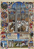 貝里公爵的豪華時禱書一頁描繪了雷蒙德·迪奧克雷斯（Raymond Diocrès）的葬禮； 1411-1416年和1485-1486年； 牛犢皮紙上的蛋彩畫； 高29公分，寬21公分；康得博物館（Condé Museum）（尚蒂伊，法國）