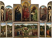 《根特祭坛画》，扬·范艾克与许贝特·范艾克，1432年； 橡木油画； 3.4米 × 4.6米； 圣巴夫主教座堂（比利时根特）