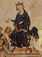 A Medieval image of Puilip IV seated, wearing a blue robe decorated with fleurs de lys