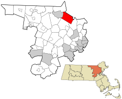 圖克斯伯里在米德爾塞克斯縣及麻薩諸塞州的位置（以紅色標示）