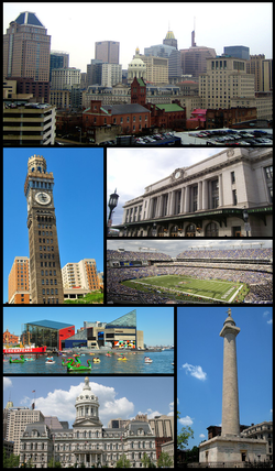 巴尔的摩市中心、爱默生布罗莫-塞尔策塔、巴尔的摩宾夕法尼亚车站、M&T银行体育场、内港（Inner Harbor）和国家水族馆巴尔的摩分馆、巴尔的摩市政厅、华盛顿纪念碑