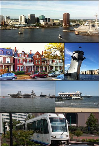從頂部順時針：伊麗莎白河、威斯康辛號戰艦 (BB-64)、海景碼頭、諾福克輕軌、諾福克海軍基地、根特區的建築