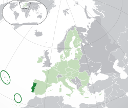 葡萄牙的位置（深綠色） – 歐洲（綠色及深灰色） – 歐洲聯盟（綠色）  —  [圖例放大]