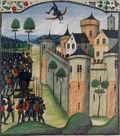 A colourful fourteenth century depiction of the siege of Auberoche, showing a man being fired back into the castle (by a trebuchet.)