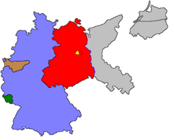 1949年二戰後德國的政治邊界，魯爾區由國際魯爾區管制局(IAR)控制，呈棕色。