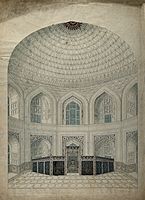 泰姬陵内部的示意图，描绘了姬蔓·芭奴和沙贾汗石棺外的屏风，以及大厅上的穹顶。