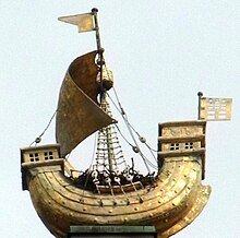 a model of a 14th-century merchant ship, or cog converted for warfare