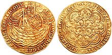 an image of both sides of a gold coin, the obverse showing a crowned figure seated in a ship