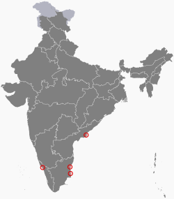 本地治里（紅色）在印度的位置