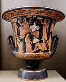 萼身雙耳噴口酒壺（Calyx-krater）；西元前400-375年； 陶瓷；高27.9公分，直徑28.6公分； 來自底比斯；羅浮宮