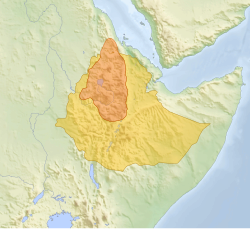 孟尼利克二世統治阿比西尼亞帝國前後的疆域 （之前-褐色，之後-黃色）
