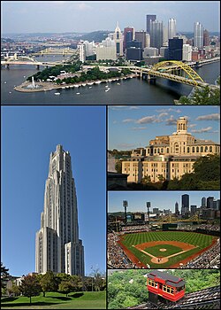 從上到下，從左到右分別為：天際線、匹茲堡大學、卡內基梅隆大學、PNC球場、杜肯纜車（英語：Duquesne Incline）