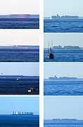 兩艘船由於複雜蜃景出現在外觀上的變化：在第一列的4個框架是#1船，在第二列的4個框架是#2船。